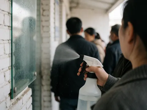 Person spraying disinfectant on a glass panel with a spray bottle in a hallway with white brick walls