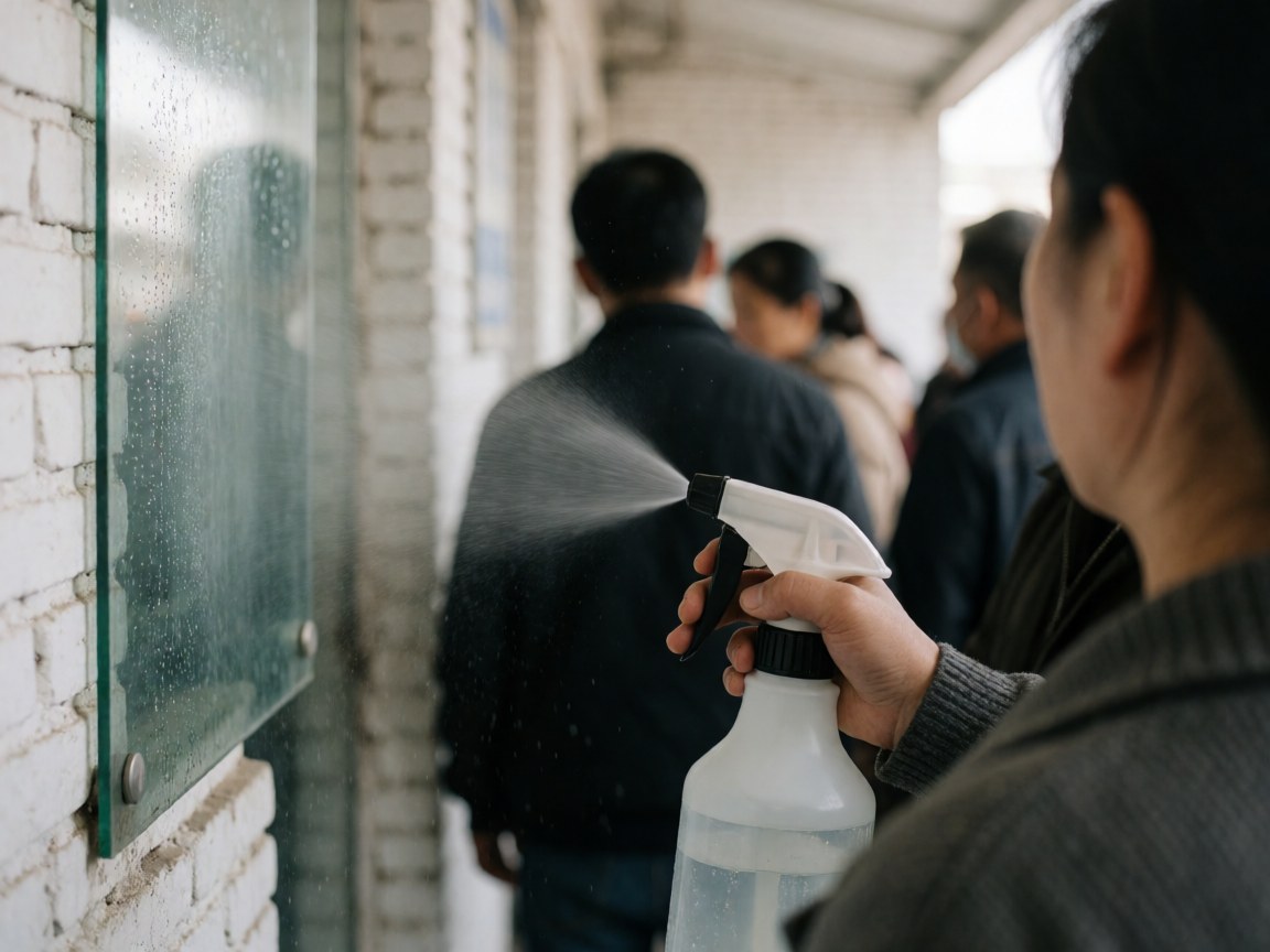 Person spraying disinfectant on a glass panel with a spray bottle in a hallway with white brick walls