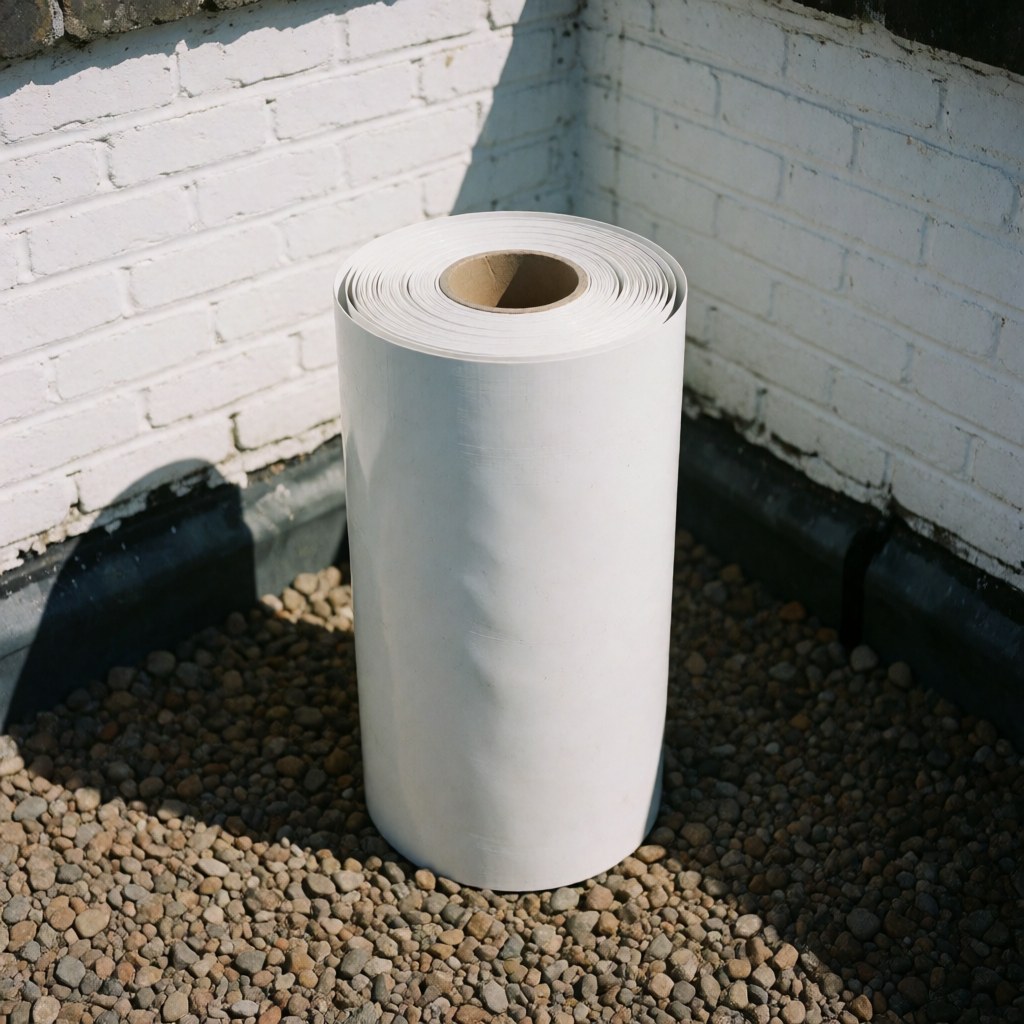 White EPDM waterproofing membrane roll ready for installation on a gravel roof with a white brick wall and bright sunlight.