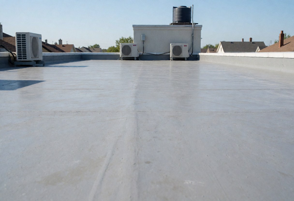 Gray concrete flat roof prepared for waterproofing with air conditioning units and water tank in background under clear blue sky