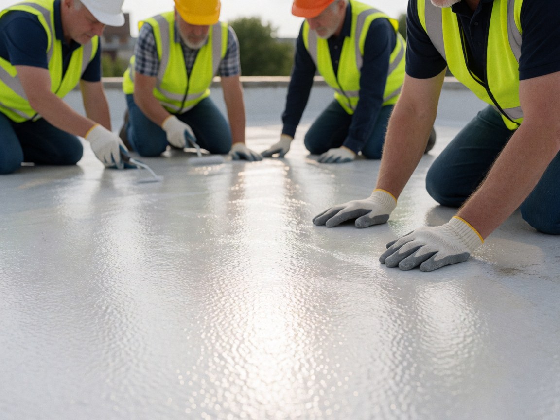 Workers in safety gear apply a white waterproofing layer to a flat roof under bright sunlight.