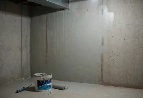 A concrete wall showing water damage stains with a bucket and roller for waterproofing on the floor under artificial lighting.