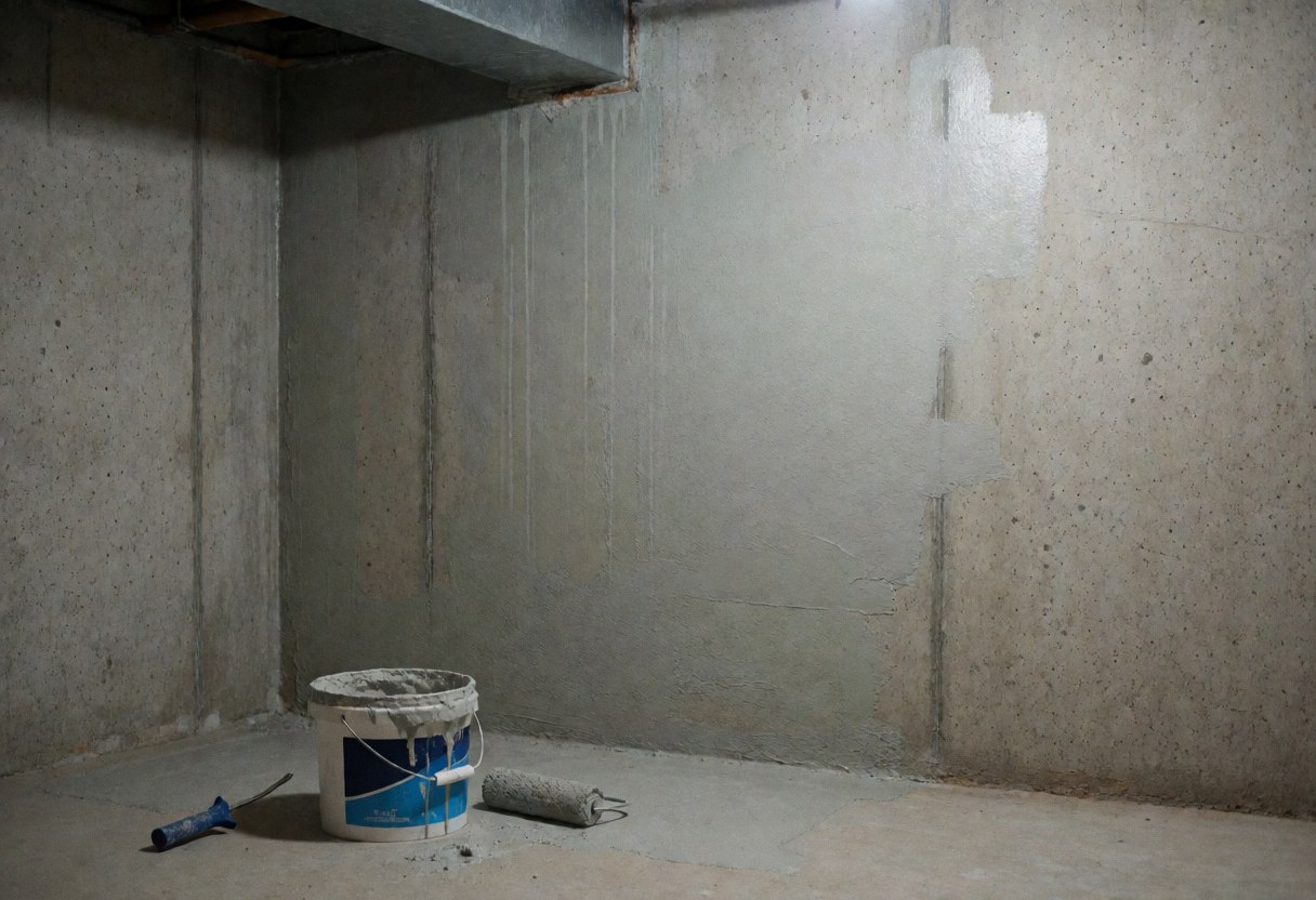 A concrete wall showing water damage stains with a bucket and roller for waterproofing on the floor under artificial lighting.