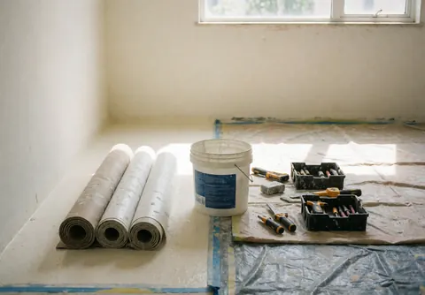 Rolls of waterproofing material, bucket, and tools on a tarp in a room with white walls and natural light