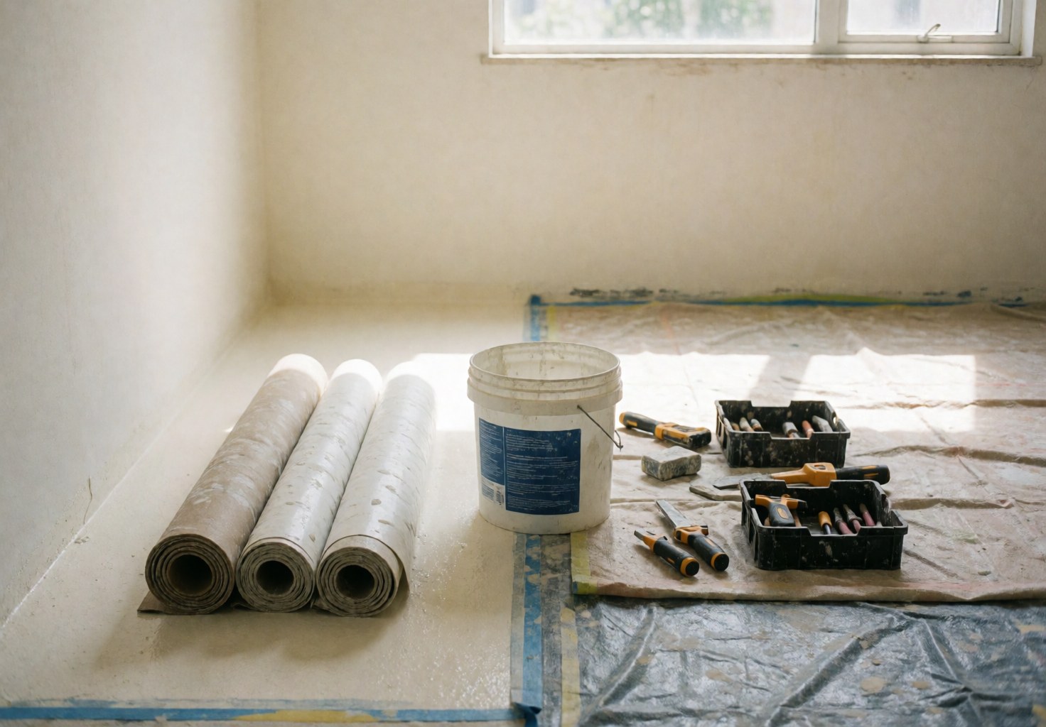 Rolls of waterproofing material, bucket, and tools on a tarp in a room with white walls and natural light