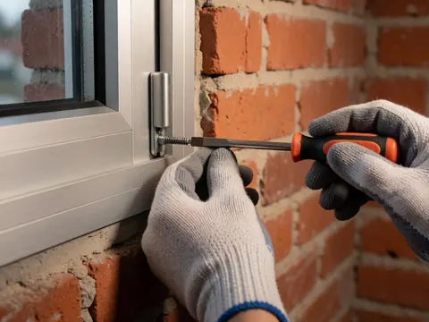 Close-up of gloved hands using a screwdriver to adjust a window mechanism against a brick wall, highlighting metal details under warm light.