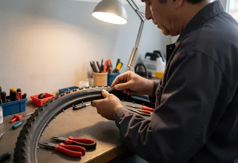 Bike mechanic applying a patch to a bicycle tire using tools and a work light against a light gray wall