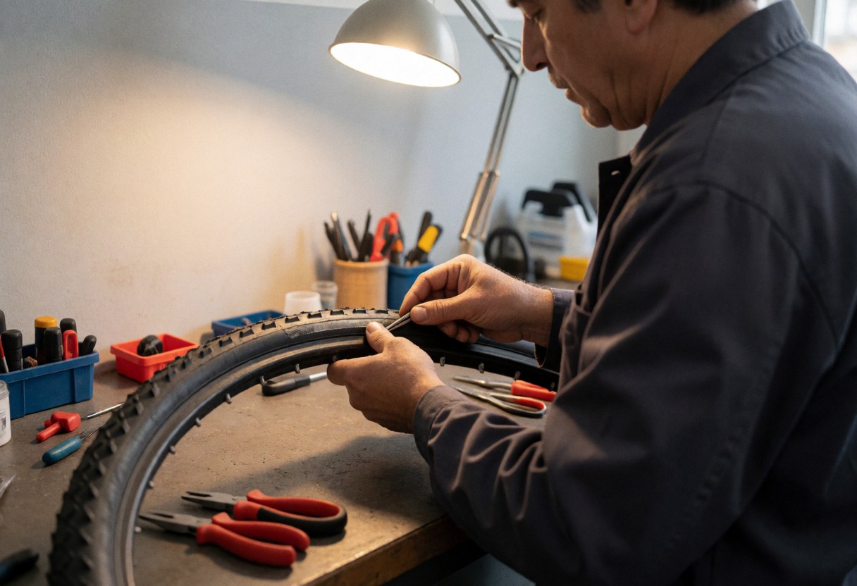 Bike mechanic applying a patch to a bicycle tire using tools and a work light against a light gray wall