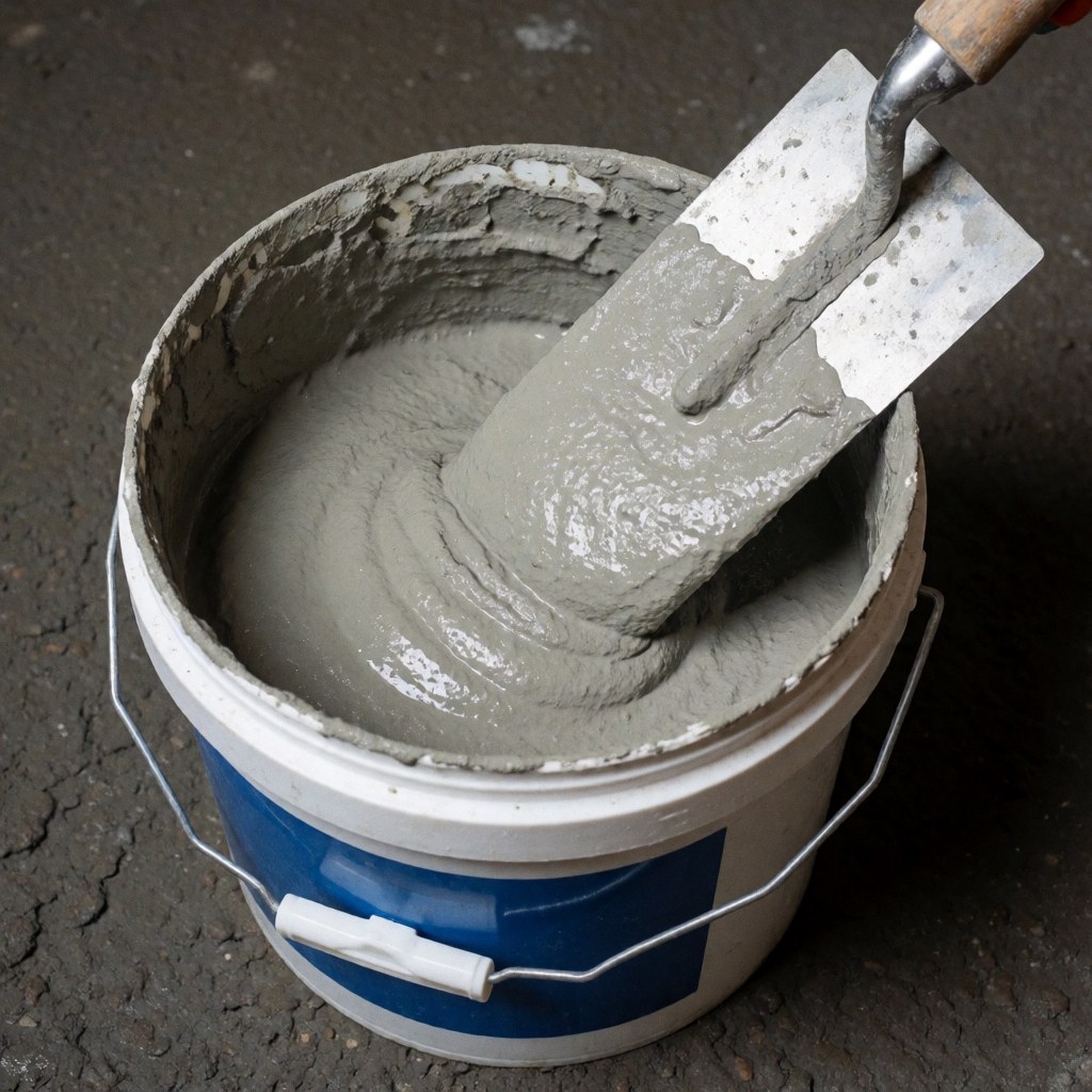 Gray waterproofing slurry in a white container with metal scissors on dark concrete floor