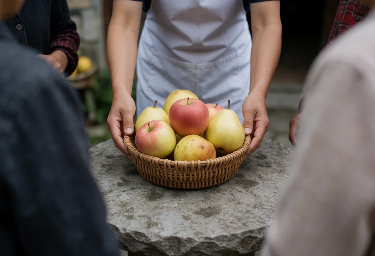 A waiter in a white apron serves a basket of fresh fruit on a stone table at a rural lodging.