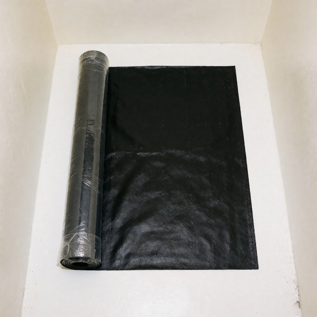 Black waterproofing membrane unrolled on a white surface, ready for installation in commercial construction projects.