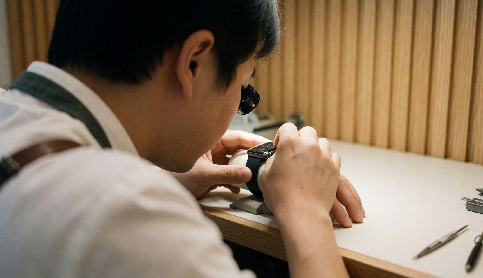 Close-up of a watch repair specialist examining a smartwatch using a magnifying glass in a workshop setting with visible tools and warm lighting.