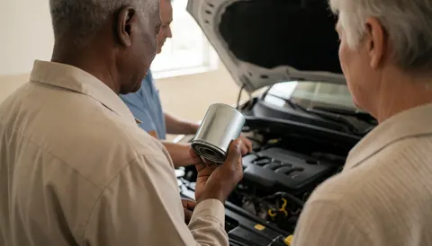 Mechanic holds new oil filter in front of open engine while showing it to two attentive customers in workshop