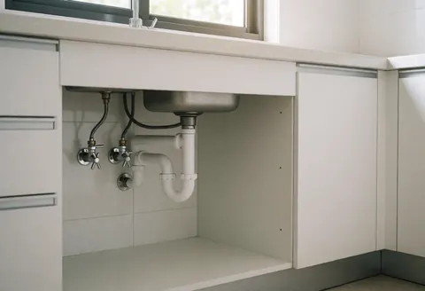 Modern under-sink area featuring white piping, chrome valves, and white tiled walls illuminated by natural light.