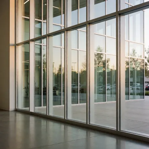 Modern glass office facade featuring aluminum structure, polished floor, and warm sunset reflections, suitable for glass installation businesses.
