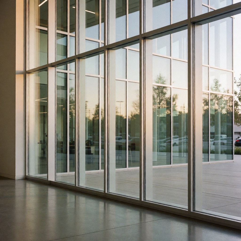 Modern glass office facade featuring aluminum structure, polished floor, and warm sunset reflections, suitable for glass installation businesses.