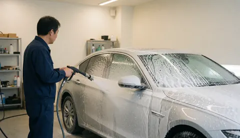 Worker in blue uniform washing a silver car with foam and high-pressure hose in a well-lit workshop