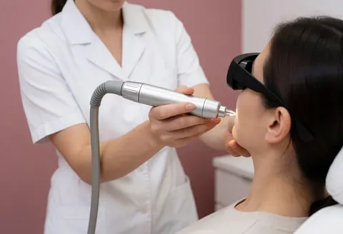 A professional in a white coat applies laser hair removal to a client's face while she wears protective eyewear in a clinic with pink walls.