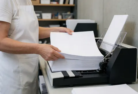 A professional places a stack of documents into a black thermal binding machine in an office setting with shelves and a concrete wall background.
