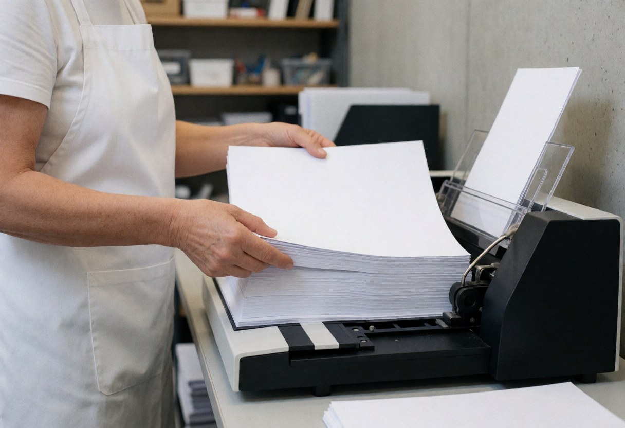 A professional places a stack of documents into a black thermal binding machine in an office setting with shelves and a concrete wall background.