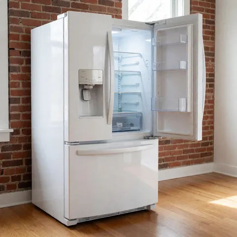 White two-door refrigerator with water dispenser and visible shelves in a kitchen with red brick wall and light wood floor