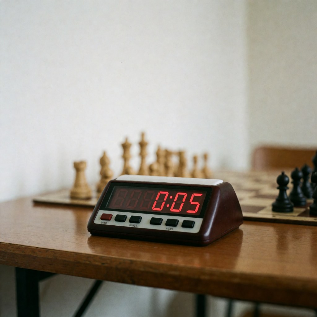 Digital chess clock displaying five seconds in red on a polished wooden table with a blurred chessboard in the background