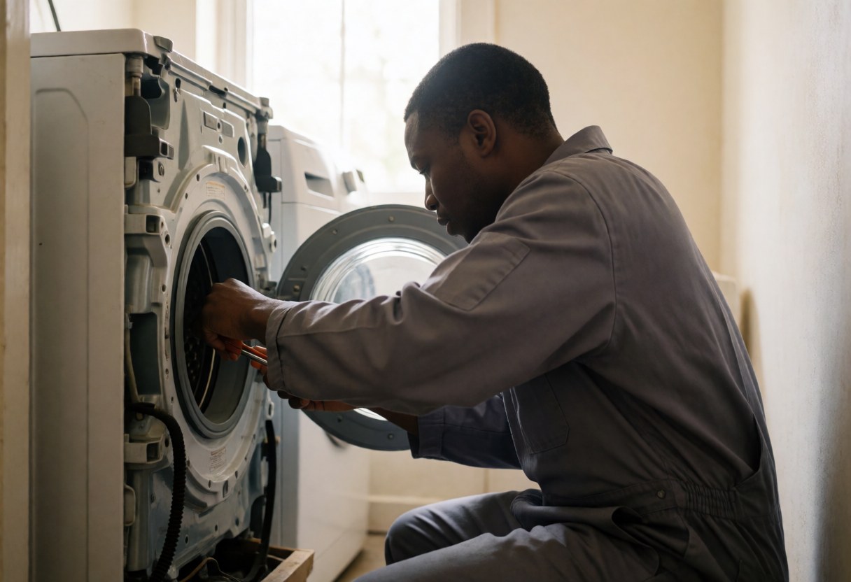 Technician in coveralls repairing a washing machine belt with tools in a realistic service scene with natural light and white walls