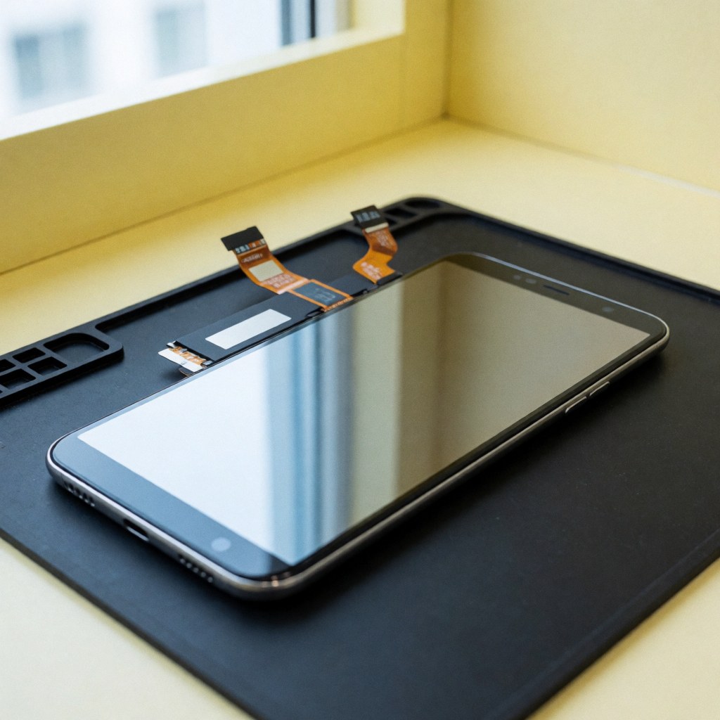 Disassembled mobile phone display with flexible cables resting on a black anti-static mat on a workbench with light yellow walls