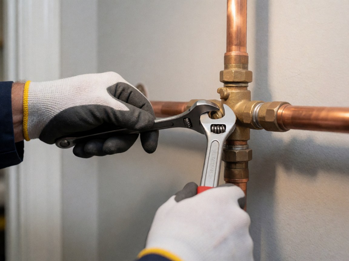 Gloved hand using an adjustable wrench to tighten a brass gas valve connected to shiny copper pipes against a light gray wall.