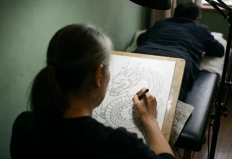 Tattoo artist drawing a dragon design with a pencil on a client lying on a table in a studio with green walls and work lights
