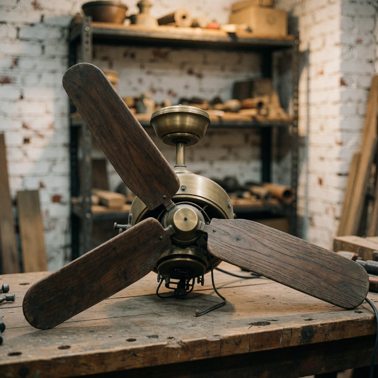 Antique ceiling fan with wooden blades and bronze casing resting on a workbench in a restoration workshop