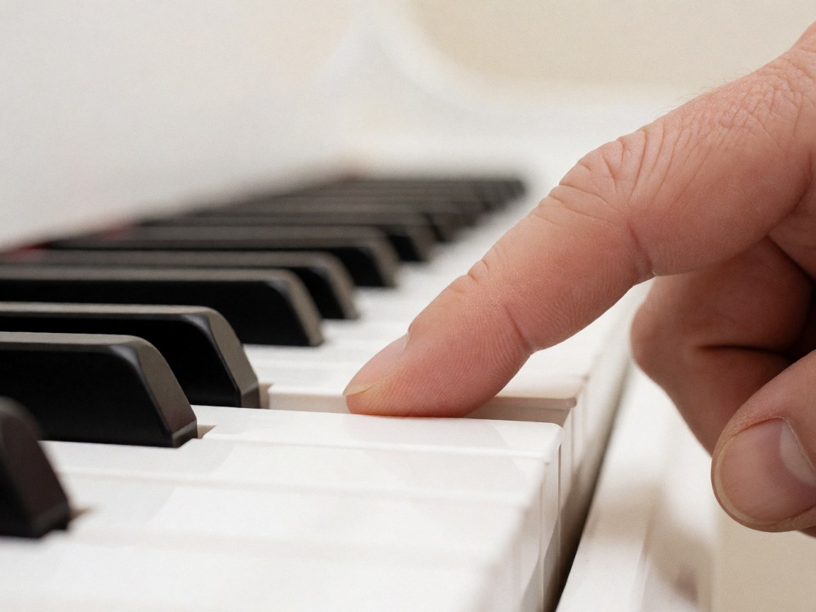Macro shot of an adult finger pressing a white piano key with a blurred background and soft lighting, focusing on touch and precision.