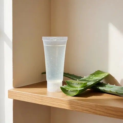 Clear tube of aloe vera gel placed next to fresh green cut leaves on a wooden shelf with natural light