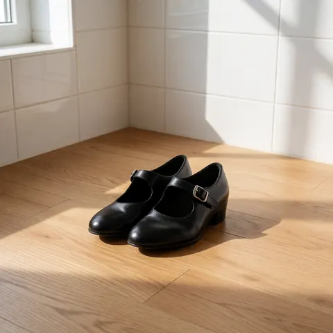 Worn black tango shoes with leather soles resting on a light wooden floor with natural light and white tiled walls