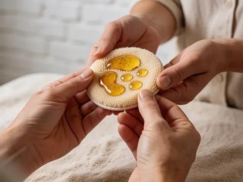 Golden argan oil drops on a textured cotton applicator held by hands against a soft white brick wall background