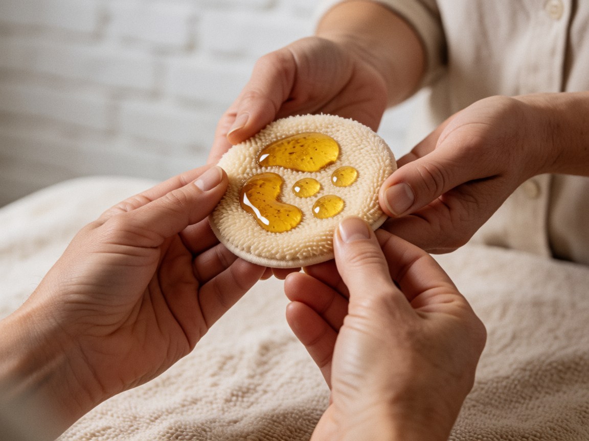 Golden argan oil drops on a textured cotton applicator held by hands against a soft white brick wall background