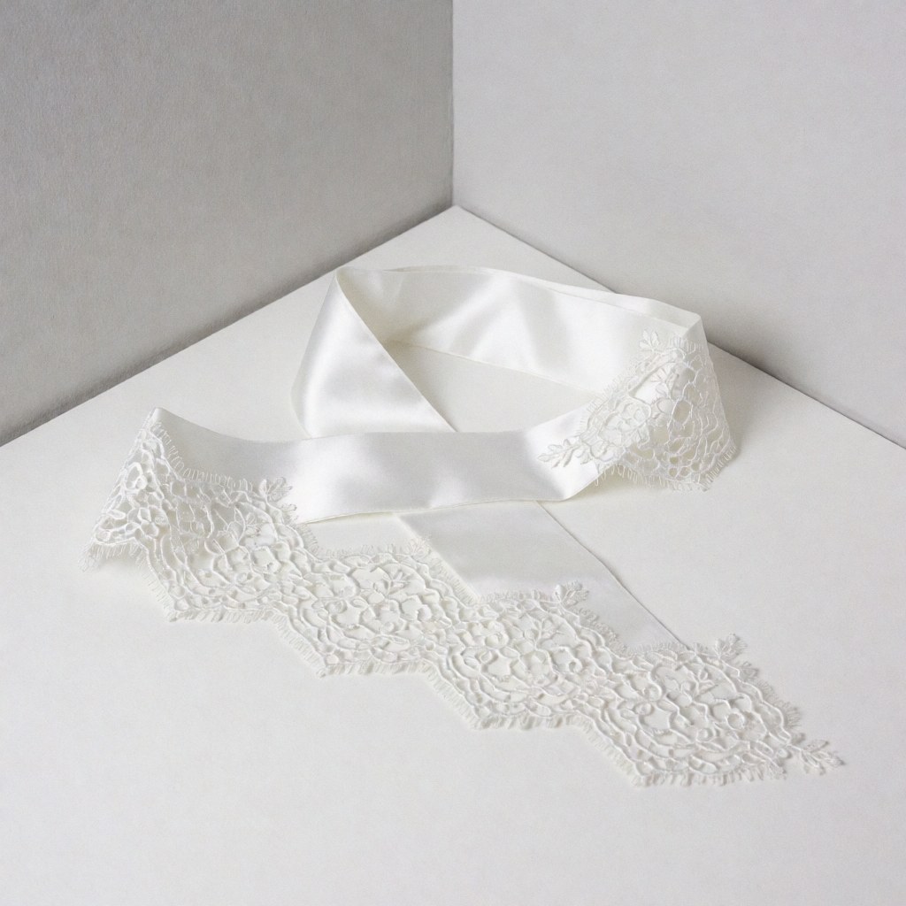 White lace sash placed on the corner of a white table with light gray walls and soft professional lighting
