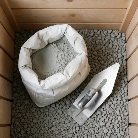 Open hydraulic cement bag and metal trowel resting on gray gravel, suitable for waterproofing projects and construction work.