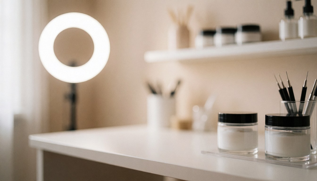 Soft bokeh background of a beauty studio featuring LED lights, white tables, and eyebrow lamination products, ideal for text overlay.