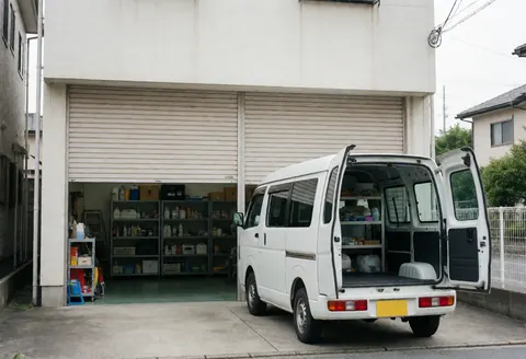 White work van with open rear doors parked outside a garage containing waterproofing products on shelves