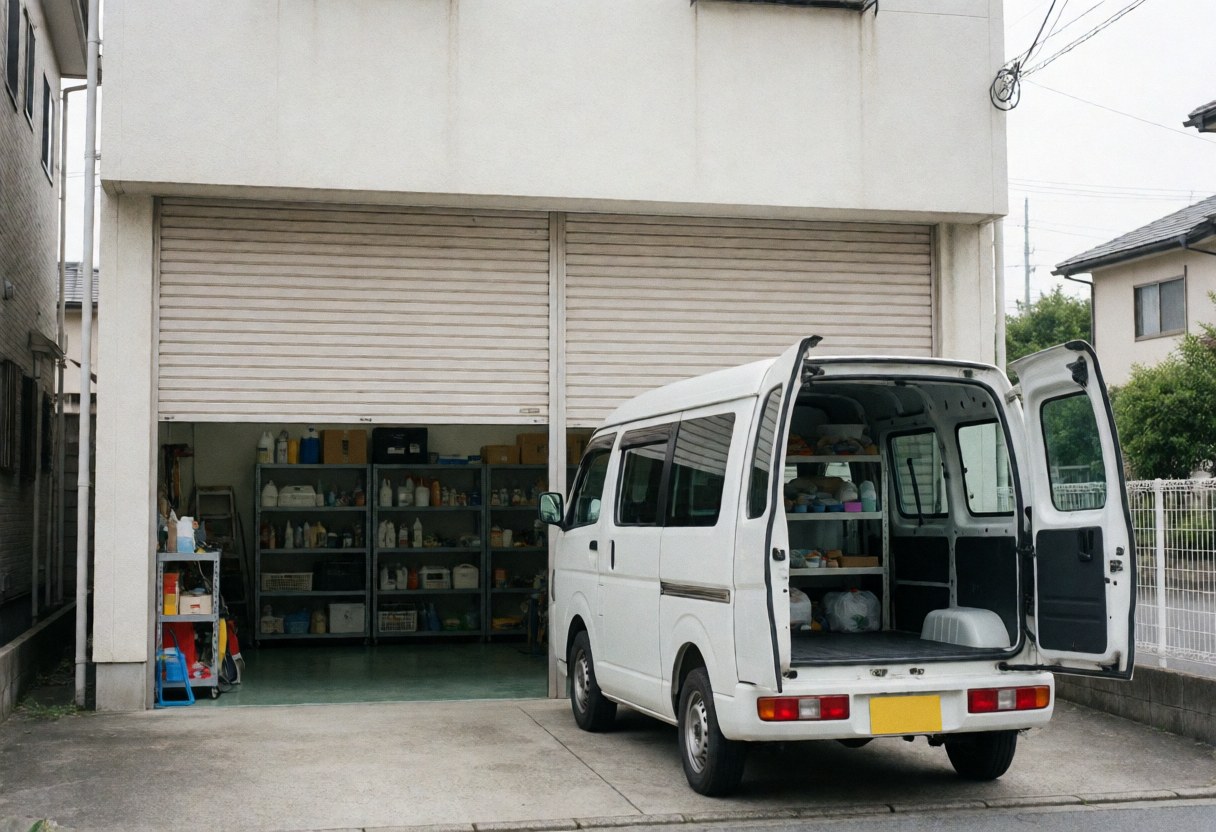 White work van with open rear doors parked outside a garage containing waterproofing products on shelves