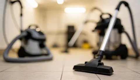 Warmly lit vacuum cleaners resting on a tiled floor, blurred background ideal for text overlay in car wash business contexts.