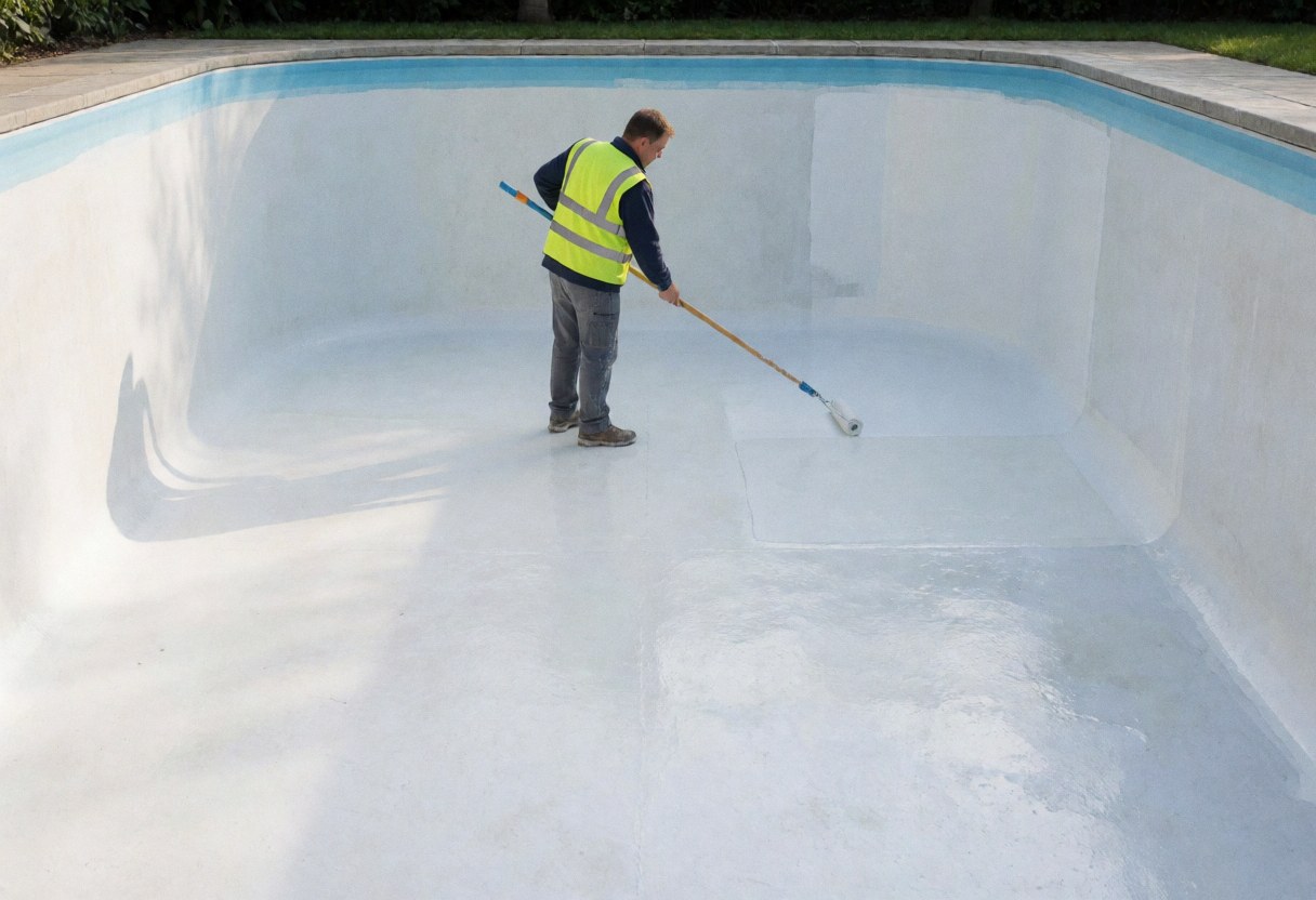 Technician in safety vest using a long roller to apply white waterproofing coating on the interior wall of an empty swimming pool.