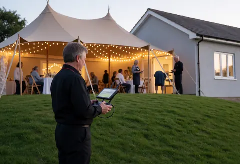 A drone pilot operates the controller during a wedding ceremony with warm lights visible in the background.