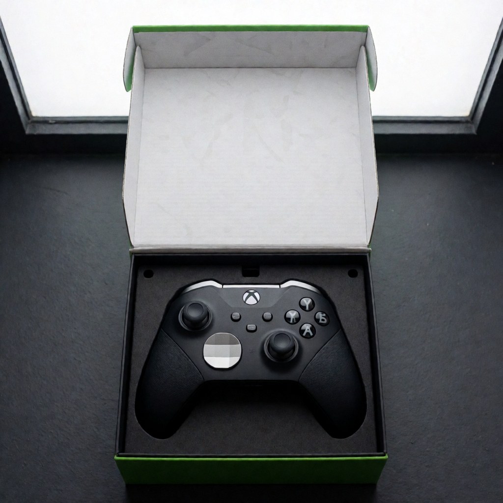 Black Xbox Elite controller with silver accents inside its retail packaging on a dark gray surface with natural overhead lighting