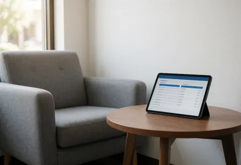 Modern waiting area featuring a gray chair, round wooden table, price display tablet, and natural light from a window.