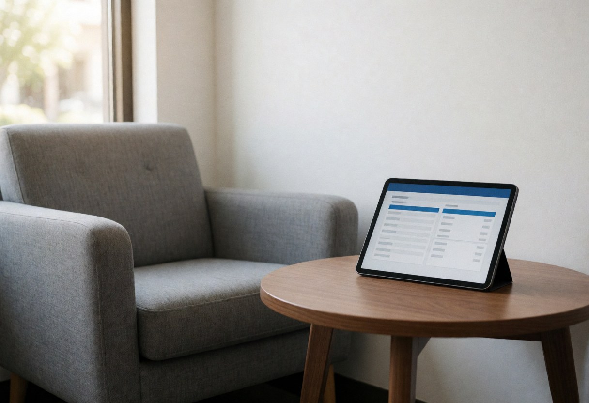 Modern waiting area featuring a gray chair, round wooden table, price display tablet, and natural light from a window.