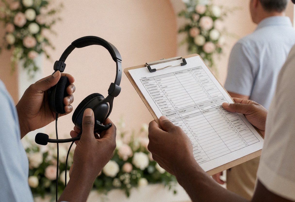 Close-up of hands holding a radio and coordination clipboard at a wedding with floral background and beige wall