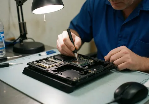 Technician in blue shirt applies thermal paste to an open console CPU using an applicator under desk lamp light.