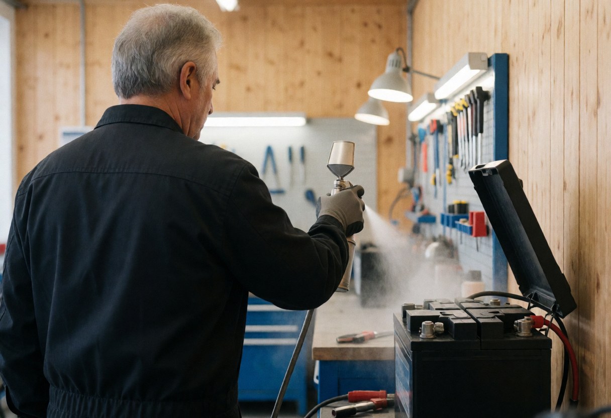 Technician applying anti-corrosion spray to a battery terminal in a clean, professional workshop with organized tools on the wall.